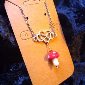 Handmade Silver Tone Necklace with Mushroom Handblown Glass Bead